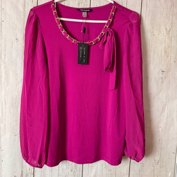 Cable & Gauge Sheer Long Sleeve Gold Bow Detail Neckline  Sz S  NWT - Picture 1 of 10